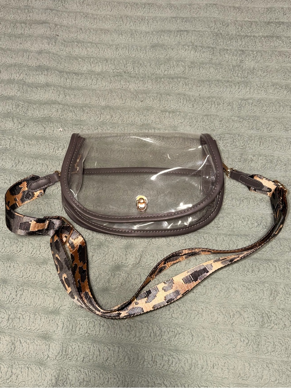 Clear Crossbody Bag with Taupe Trim and Leopard Strap